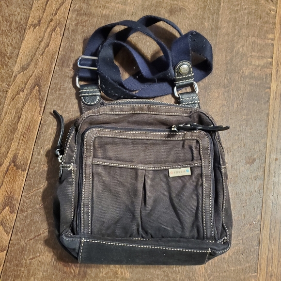 Fossil Handbags - FOSSIL distressed black canvas multi-pocket crossbody